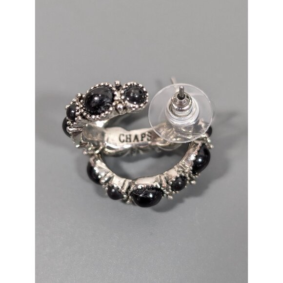 Chaps Black Cabochon Silver Tone Hoop Pierced Earrings Western Boho - Picture 6 of 12